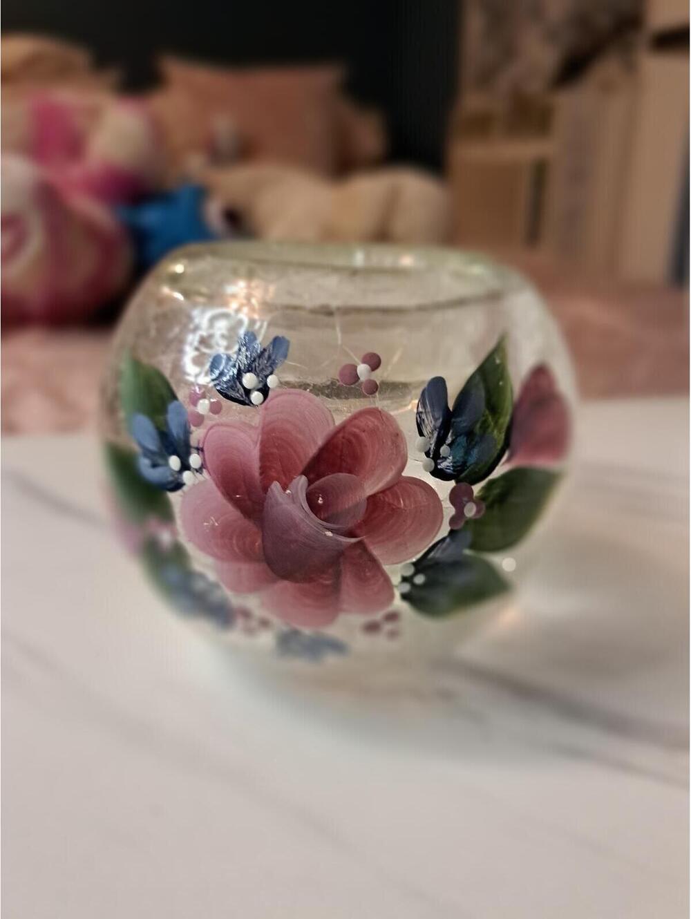 Vintage Hand Painted Rose Crackle Glass Crystal Votive or Tealight Holder